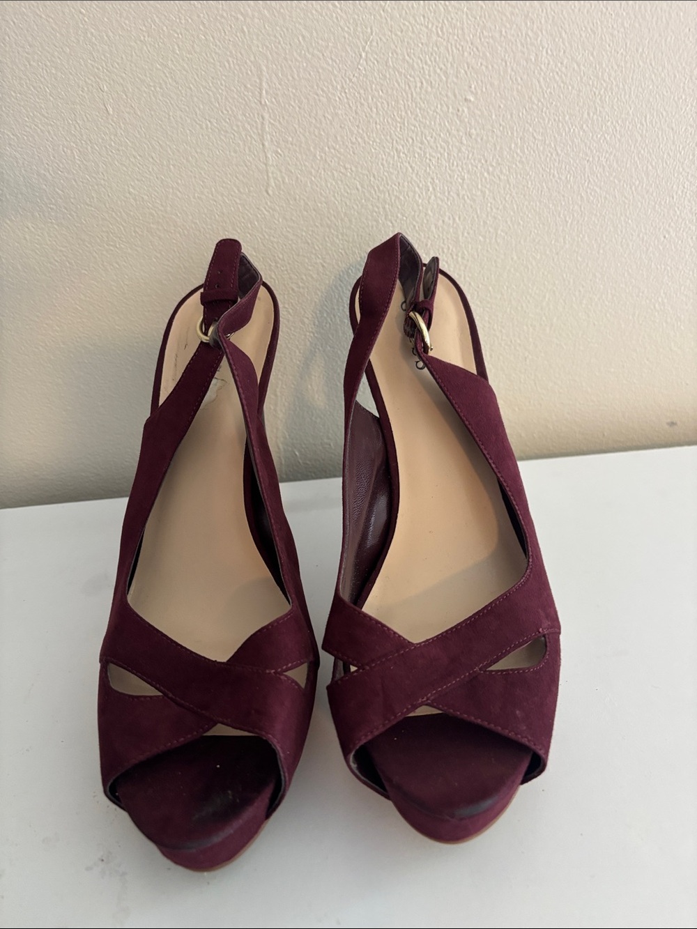 Women's Burgundy Peep-Toe Slingback Wedges